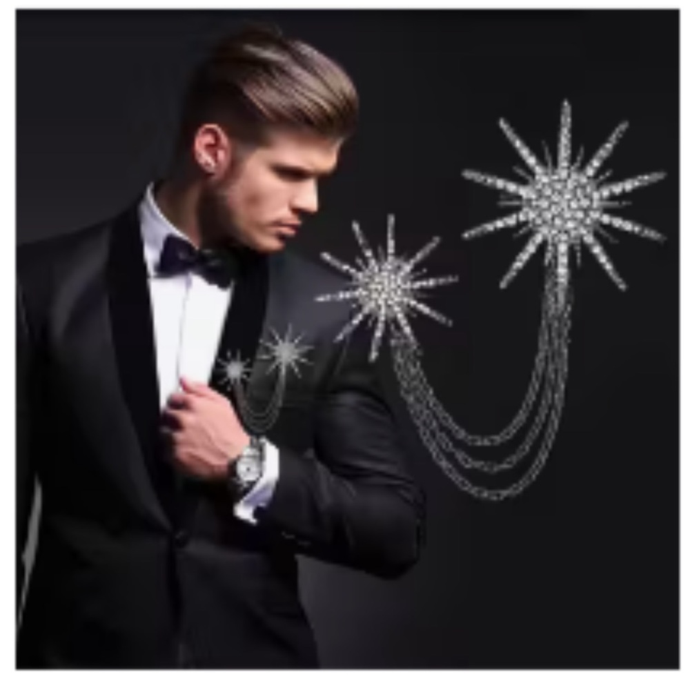🩶⚫️🩶 SILVER BLACK STARBURST BROOCH WITH CRYSTAL RHINESTONES & GUNMETAL CHAIN❗️